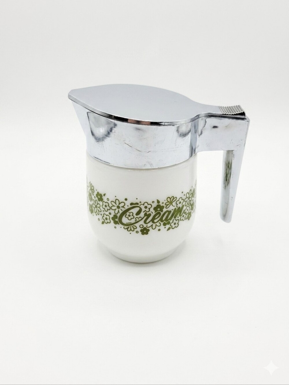 Gemco Vintage Cream Dispenser Milk Glass Green Floral Country Meadow Pattern 70s